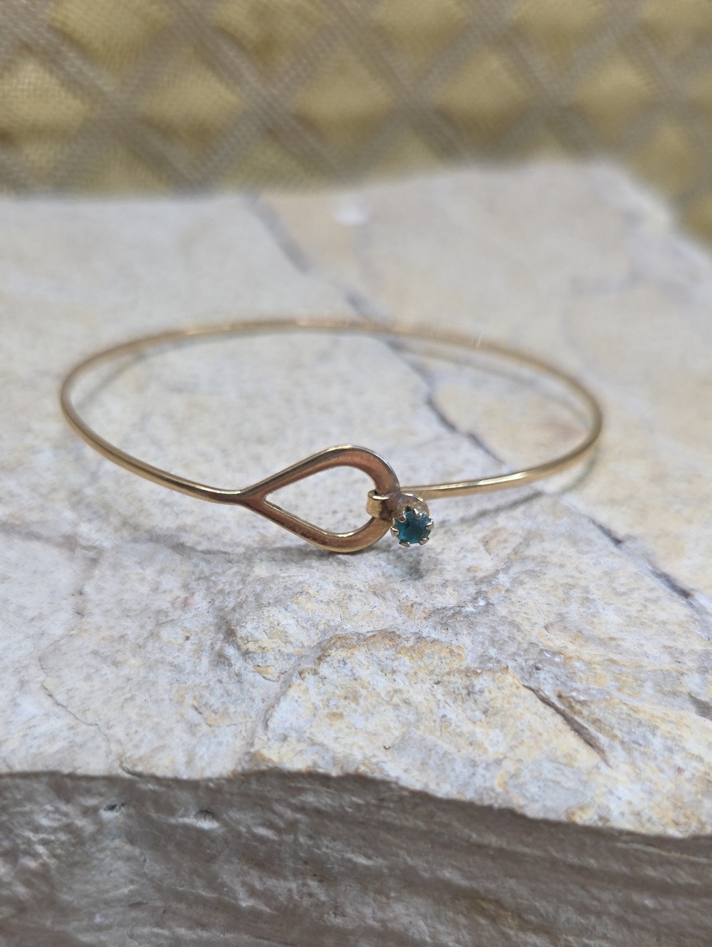 Delicate Vibtage Gold Tone Teardrop Bangle with Teal Gemstone 6"